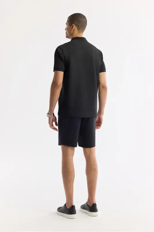 Men Black Buttoned Polo Collar Textured Jacquard T-Shirt A51Y1121 - 4