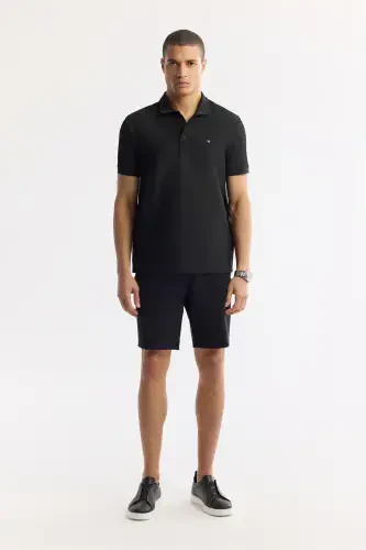 Men Black Buttoned Polo Collar Textured Jacquard T-Shirt A51Y1121 - 5