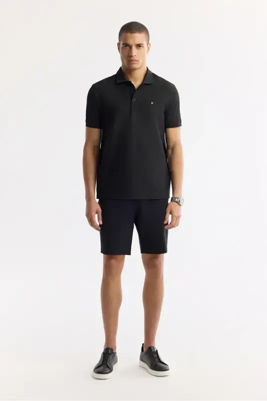 Men Black Buttoned Polo Collar Textured Jacquard T-Shirt A51Y1121 - 5