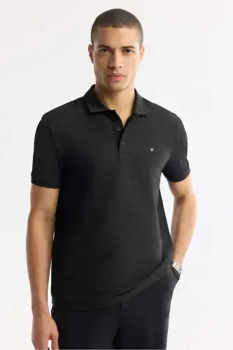 Men Black Buttoned Polo Collar Textured Jacquard T-Shirt A51Y1121 - 6