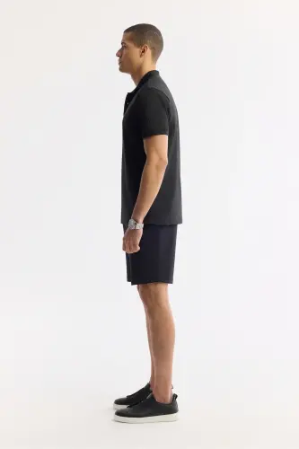Men Black Buttoned Polo Collar Textured Jacquard T-Shirt A51Y1121 - 3