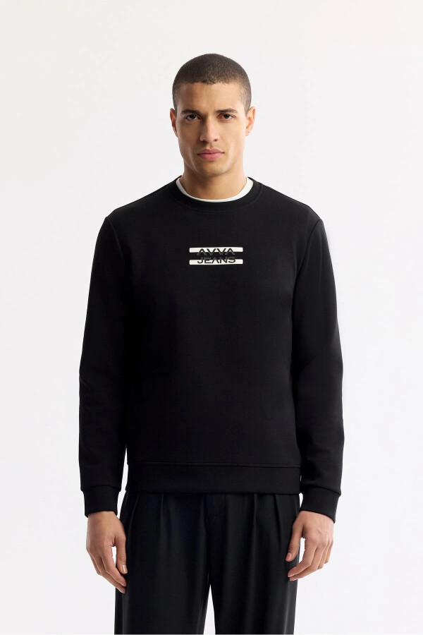 Men Black Crew Neck Printed Bi Stretch Inter - AVVA