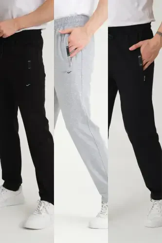 Men Black - Gray - Navy Relaxed Fit Straight Leg Embroidered Detail Jersey Fabric Sweatpants-Black - 1