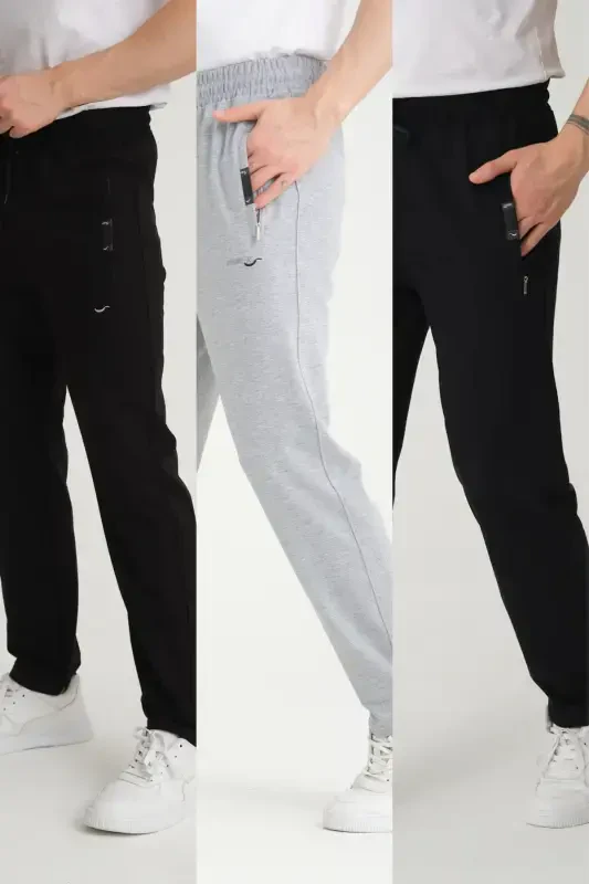 Men Black - Gray - Navy Relaxed Fit Straight Leg Embroidered Detail Jersey Fabric Sweatpants-Black - 1