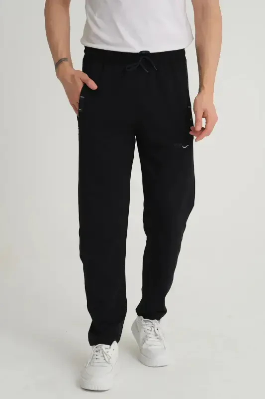 Men Black - Gray - Navy Relaxed Fit Straight Leg Embroidered Detail Jersey Fabric Sweatpants-Black - 4