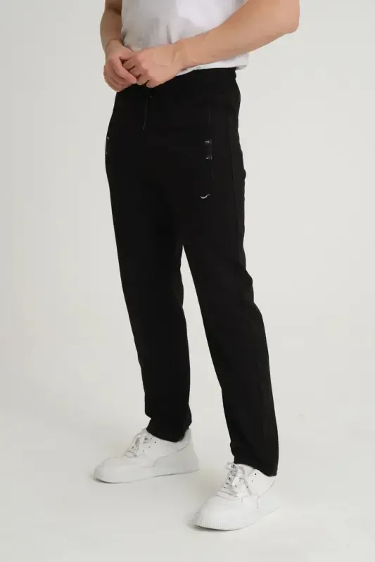 Men Black - Gray - Navy Relaxed Fit Straight Leg Embroidered Detail Jersey Fabric Sweatpants-Black - 7