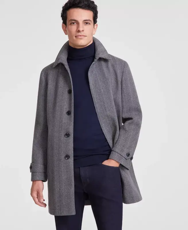 Men Classic Fit Car Coat - Charcoal Herringbone - 1