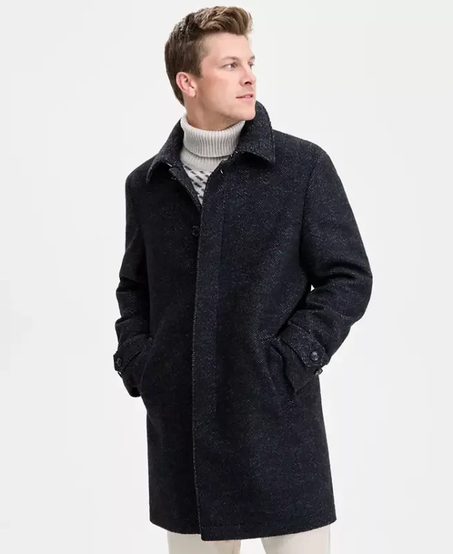 Men Classic Fit Car Coat - Navy Herringbone - TOMMY HILFIGER