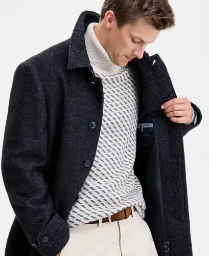 Men Classic Fit Car Coat - Navy Herringbone - 3