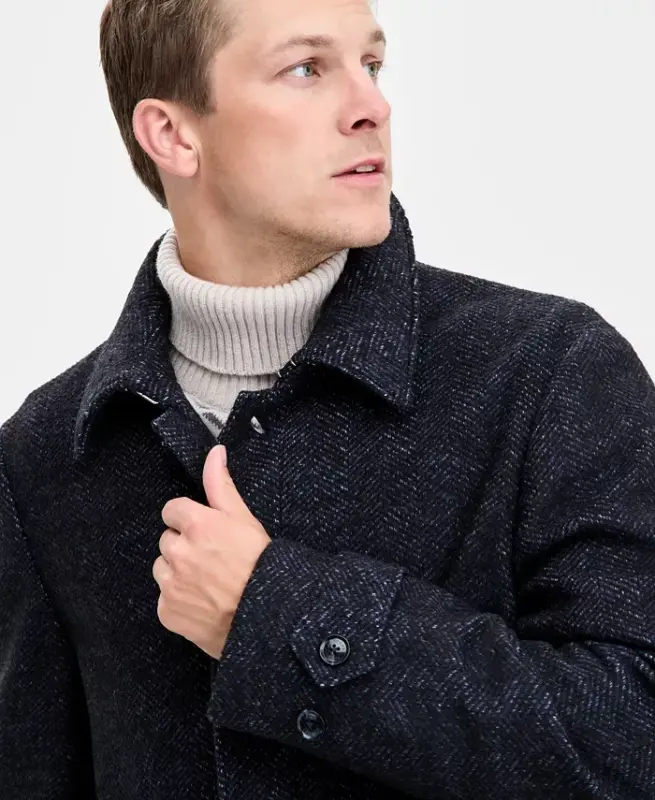 Men Classic Fit Car Coat - Navy Herringbone - 4