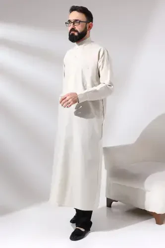 Men Cream Plane Tree Hajj and Umrah Outfit Full Length Dagron Fabric Dress-Cream - 4
