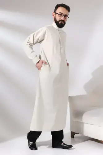 Men Cream Plane Tree Hajj and Umrah Outfit Full Length Dagron Fabric Dress-Cream - 5