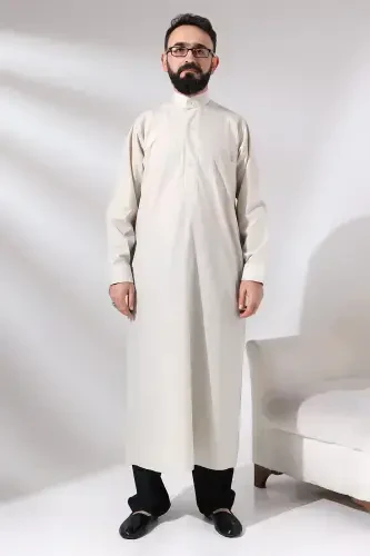 Men Cream Plane Tree Hajj and Umrah Outfit Full Length Dagron Fabric Dress-Cream - 7