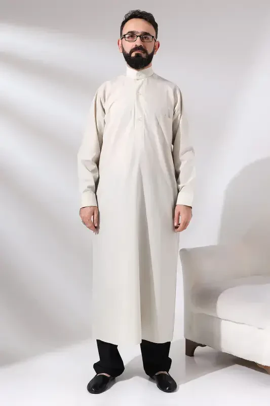 Men Cream Plane Tree Hajj and Umrah Outfit Full Length Dagron Fabric Dress-Cream - 7
