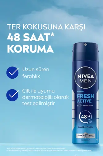 MEN Erkaklar uchun Sprey Deodorant Fresh Active 150ml, Mini Roll-on Fresh Active 25ml, 48 soat Ter Himoyasi - NIVEA (1)