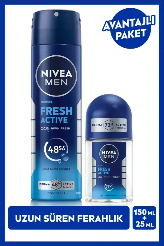 MEN Erkaklar uchun Sprey Deodorant Fresh Active 150ml, Mini Roll-on Fresh Active 25ml, 48 soat Ter Himoyasi - NIVEA