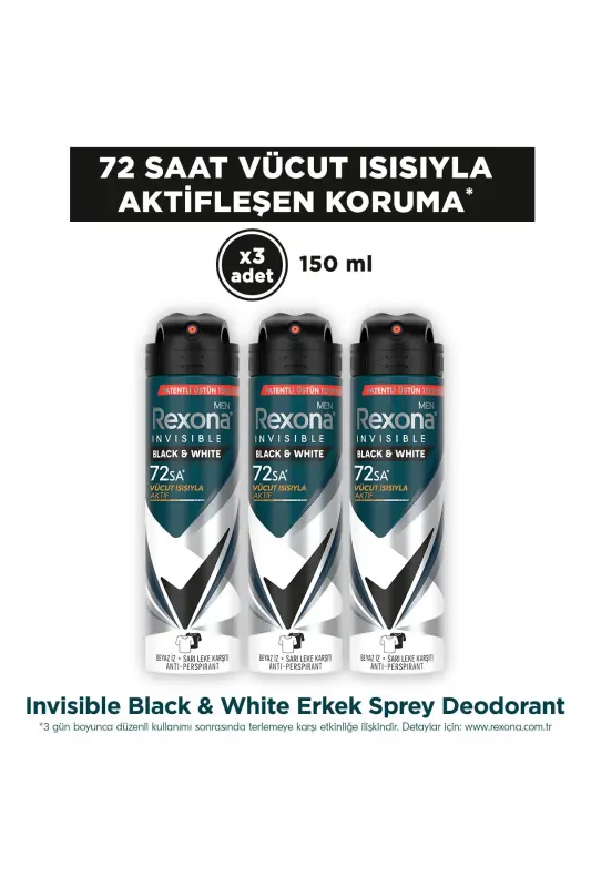 Men Erkaklar uchun Sprey Deodorant Ko'rinmas Qora & Oq 72 Soat Uzluksiz Yuqori Himoya 150 ml X3 - REXONA