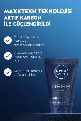 MEN Erkaklar uchun yuz va soqol tozalash jeli Deep Dimension 100ml, terini tozalaydigan, faol uglerod - 3