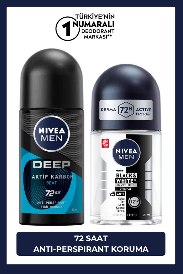 Men Erkek Roll-on Deodorant Deep Beat 50ml ve Mini Roll-on Black&white Original 25ml - 1