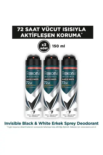 Men Erkek Sprey Deodorant Invisible Black & White 72 Saat Kesintisiz Üstün Koruma 150 ml x3 - 1