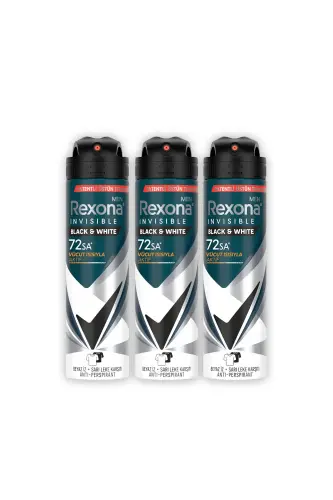 Men Erkek Sprey Deodorant Invisible Black & White 72 Saat Kesintisiz Üstün Koruma 150 ml X3 - REXONA (1)