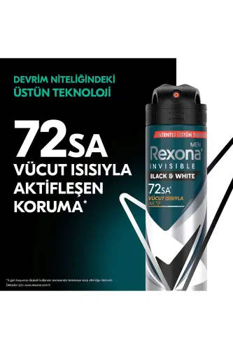 Men Erkek Sprey Deodorant Invisible Black & White 72 Saat Kesintisiz Üstün Koruma 150 ml x3 - 3