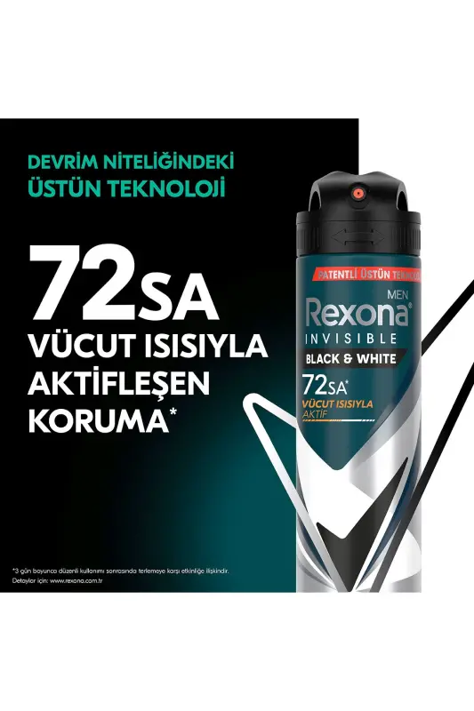 Men Erkek Sprey Deodorant Invisible Black & White 72 Saat Kesintisiz Üstün Koruma 150 ml x3 - 3