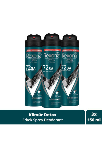 Men Erkek Sprey Deodorant Ko'mir Detox 72 soat uzluksiz ustun himoya 150 ml X3 - 1