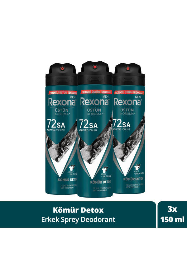 Men Erkek Sprey Deodorant Kömür Detox 72 Saat Kesintisiz Üstün Koruma 150 ml X3 - 9