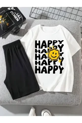 Men-Girl Child White-Black HAPPY Printed Knitted Shorts T-Shirt Set-White2 - 1