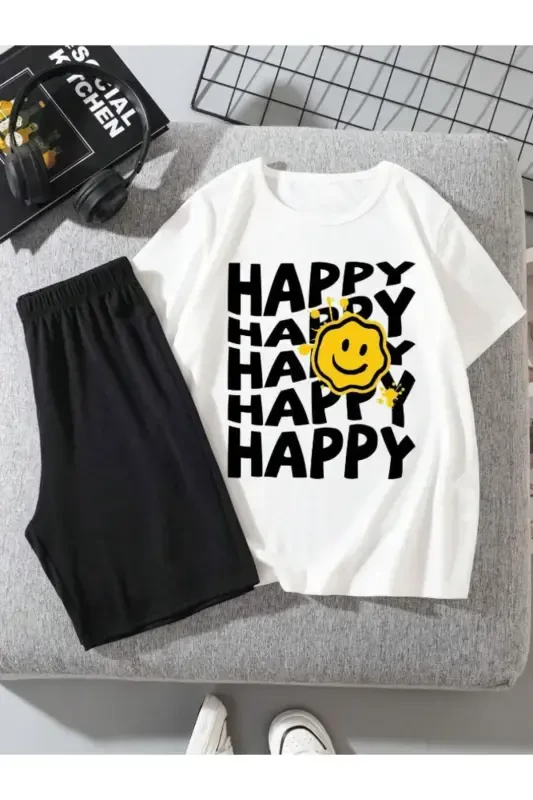 Men-Girl Child White-Black HAPPY Printed Knitted Shorts T-Shirt Set-White2 - MORNİNG KİDS