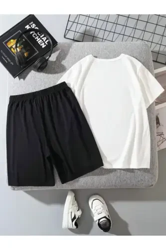 Men-Girl Child White-Black HAPPY Printed Knitted Shorts T-Shirt Set-White2 - MORNİNG KİDS (1)