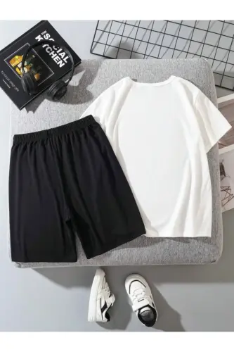 Men-Girl Child White-Black HAPPY Printed Knitted Shorts T-Shirt Set-White2 - 2