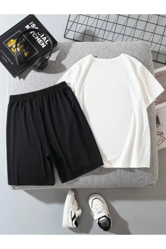 Men-Girl Child White-Black HAPPY Printed Knitted Shorts T-Shirt Set-White2 - 2