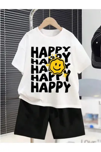 Men-Girl Child White-Black HAPPY Printed Knitted Shorts T-Shirt Set-White2 - 3