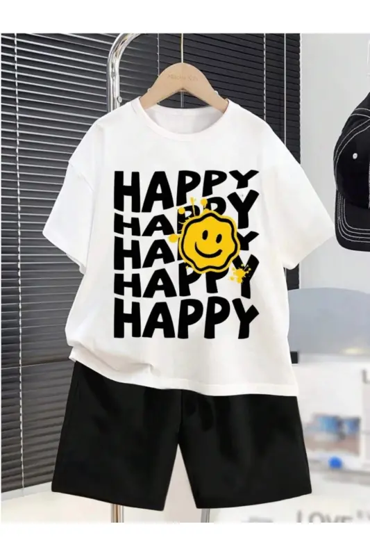 Men-Girl Child White-Black HAPPY Printed Knitted Shorts T-Shirt Set-White2 - 3