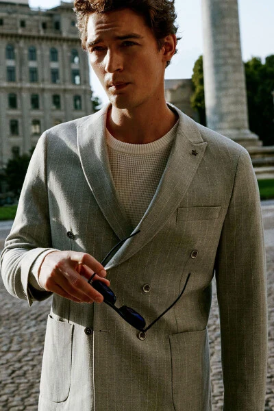 Men Gray-Beige Slim Fit Narrow Cut Swallow Collar Flo - ALTINYILDIZ CLASSICS