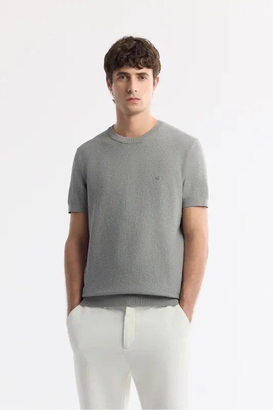 Men Grey Regular Fit Crew Neck Textured Knit T-Shirt B005119-Grey - 1