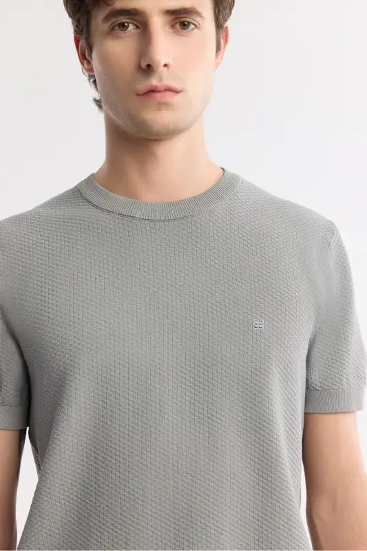 Men Grey Regular Fit Crew Neck Textured Knit T-Shirt B005119-Grey - 2