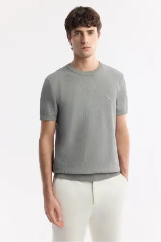 Men Grey Regular Fit Crew Neck Textured Knit T-Shirt B005119-Grey - 6