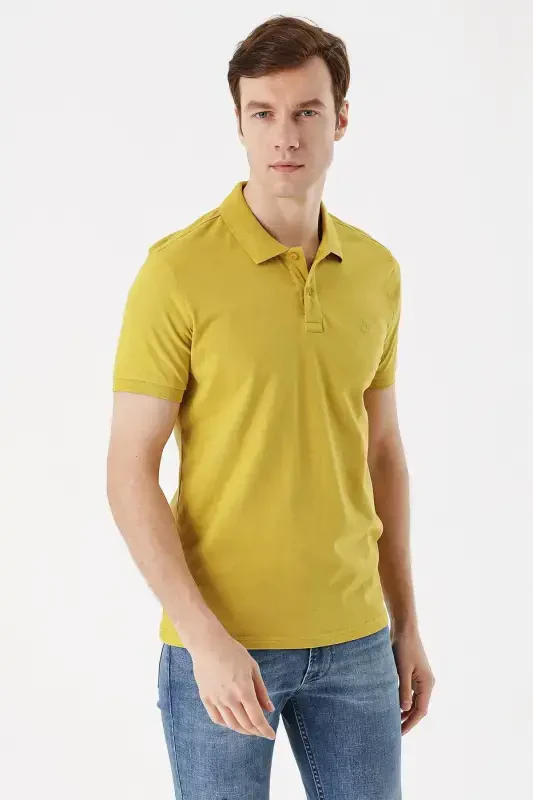 Men Lemon Slub Basic Plain %100 Cotton Slim Fit Narrow Cut Short Sleeve Polo Neck T-Shirt - MORVEN