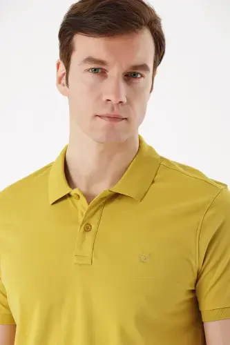 Men Lemon Slub Basic Plain %100 Cotton Slim Fit Narrow Cut Short Sleeve Polo Neck T-Shirt - 3