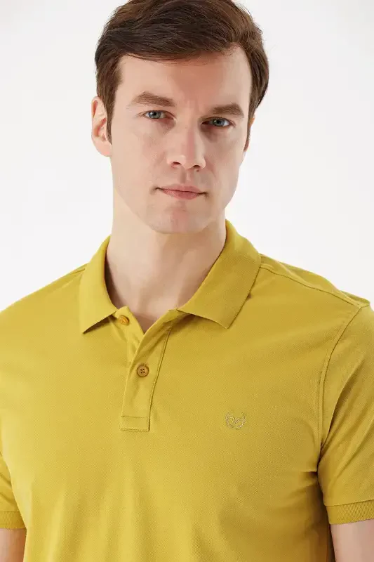 Men Lemon Slub Basic Plain %100 Cotton Slim Fit Narrow Cut Short Sleeve Polo Neck T-Shirt - 3