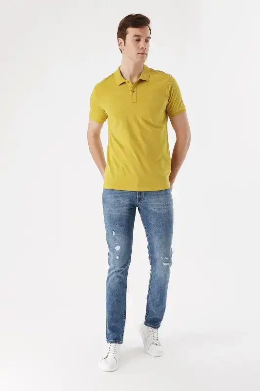 Men Lemon Slub Basic Plain %100 Cotton Slim Fit Narrow Cut Short Sleeve Polo Neck T-Shirt - 4