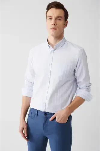 Men Light Blue 100% Cotton Oxford Striped Shirt A31y2055-Light Blue - AVVA (1)