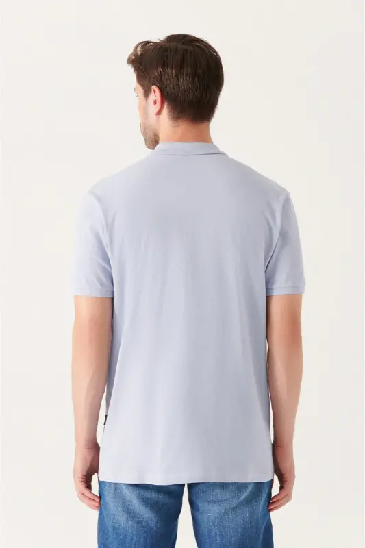 Men Light Blue Basic Cotton Polo Neck T-shirt E001004-Light Blue - 4