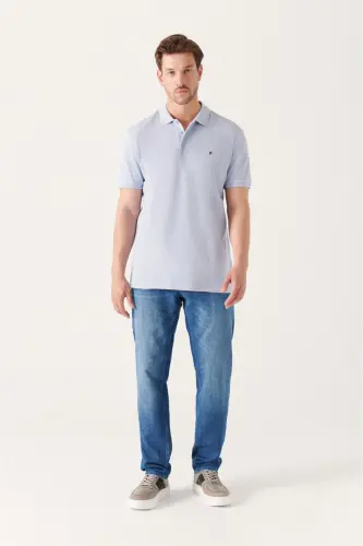 Men Light Blue Basic Cotton Polo Neck T-shirt E001004-Light Blue - 5