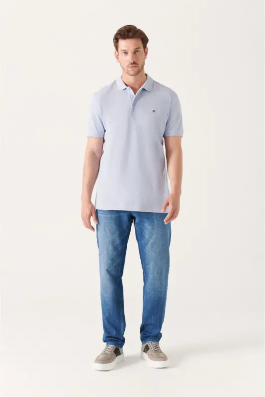 Men Light Blue Basic Cotton Polo Neck T-shirt E001004-Light Blue - 5