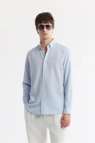 Men Light Blue Button-Down Collar Easy Iron Sh 