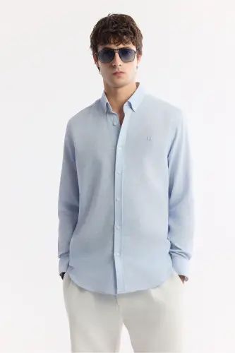 Men Light Blue Button-Down Collar Easy Iron Sh - 5